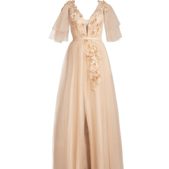 Basix Black Label Flutter Sleeve 3D Floral Peach Tulle Gown Size 12 - Picture 5 of 15